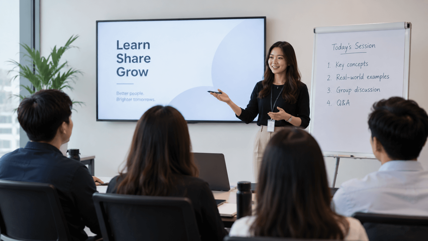 A trainer leading a face-to-face session, presenting to seated participants